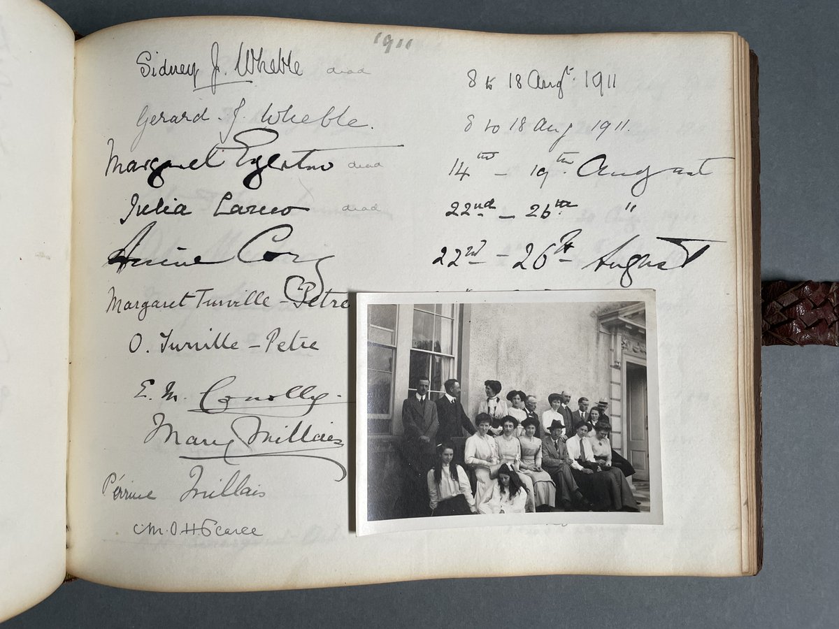 NLIreland's tweet photo. We acquired this visitor book from #HowthCastle (1905-1962). It contains guests' signatures and dates with some notes of gratitude, poems, loose photographs and newspaper cuttings. The book is quarter bound in leather with wooden sides, tooled and with its original tie. ๐ https://t.co/Ikyr9QC6QT
