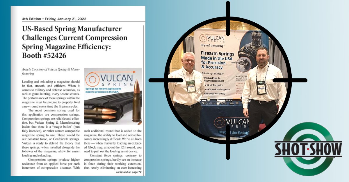 VulcanSpring's tweet photo. It was wonderful exhibiting and connecting at the Supplier Showcase on Monday and Tuesday! Today Vulcan will be walking #SHOTShow
Learn more about our #constantforce vs. #compression springs! #shotshow2022➡️https://t.co/bzjDnwuWV2 https://t.co/pp7Y63KqdV
