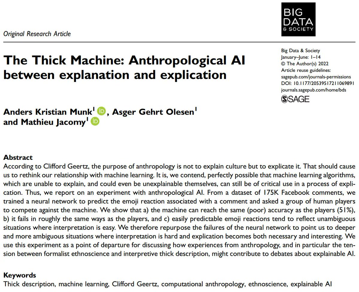 BigDataSoc's tweet photo. New paper from the #MachineAnthropology special theme 🚨 'The Thick Machine: Anthropological AI between explanation and explication' by Anders Kristian Munk (@anderskmunk), Asger Gehrt Olesen (@asgergehrt) and Mathieu Jacomy (@jacomyma). Read more here:  https://t.co/F0Etsw5tFO https://t.co/MtF5NNsVtL