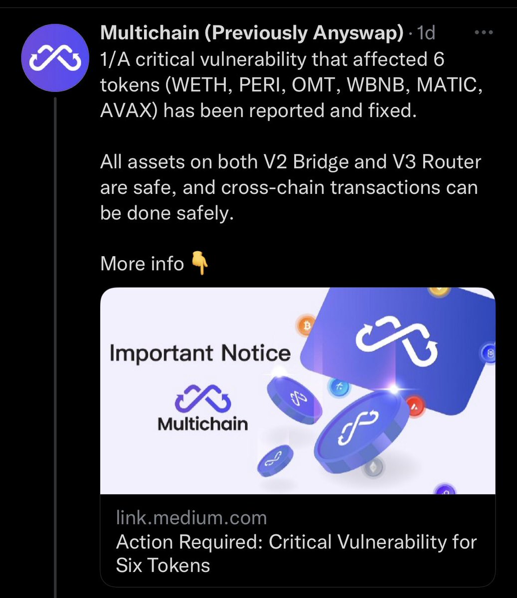 ChainLinkGod's tweet photo. I can’t be the only one who’s incredibly confused by @MultichainOrg’s messaging here
Schrodinger‘s funds, both safe and unsafe at the same time https://t.co/AW8s8aAhHk