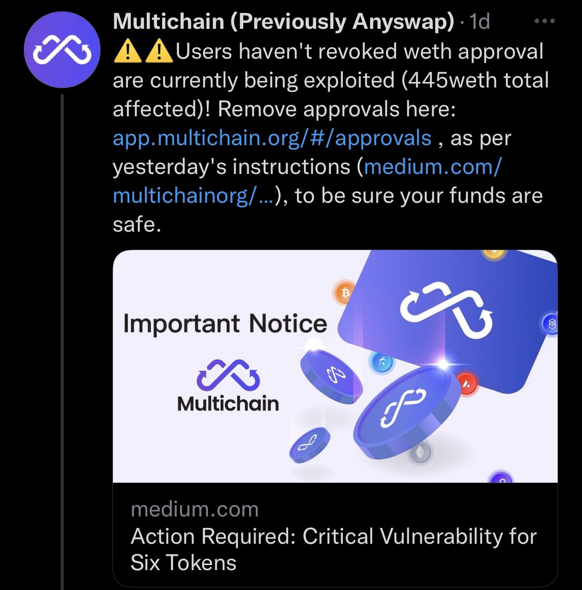 ChainLinkGod's tweet photo. I can’t be the only one who’s incredibly confused by @MultichainOrg’s messaging here
Schrodinger‘s funds, both safe and unsafe at the same time https://t.co/AW8s8aAhHk