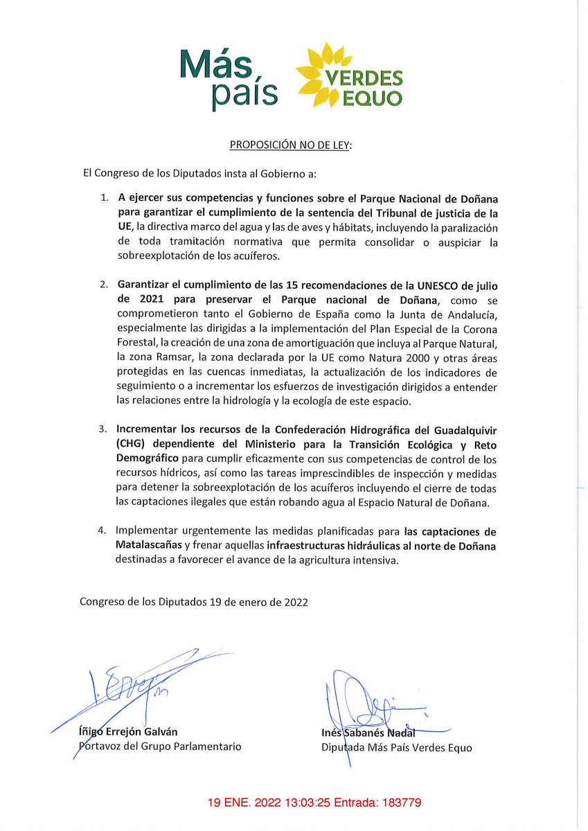 Hace unas semanas las derechas presentaron en Andalucía una propuesta para aumentar la sobre explotación de las aguas que dan vida al Parque Nacional de Doñana🌾. Hoy le hemos pedido al Gobierno que tome medidas y lo proteja de semejante despropósito