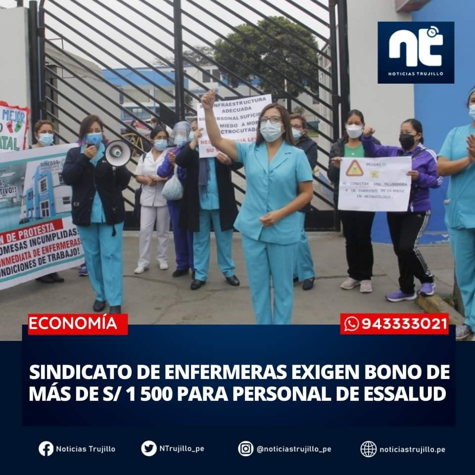 ntrujillo_pe's tweet photo. 🔴📌Exigen la entrega del bono de reactivación económica, de entre S/1500 a S/3000, que fue asignado solamente al personal de salud del Ministerio de Salud y no a EsSalud.

👉Lea aquí https://t.co/oKMCDW3bVB

#NTInforma #bono #sindicatodeenfermeras https://t.co/Jk2AytlBos