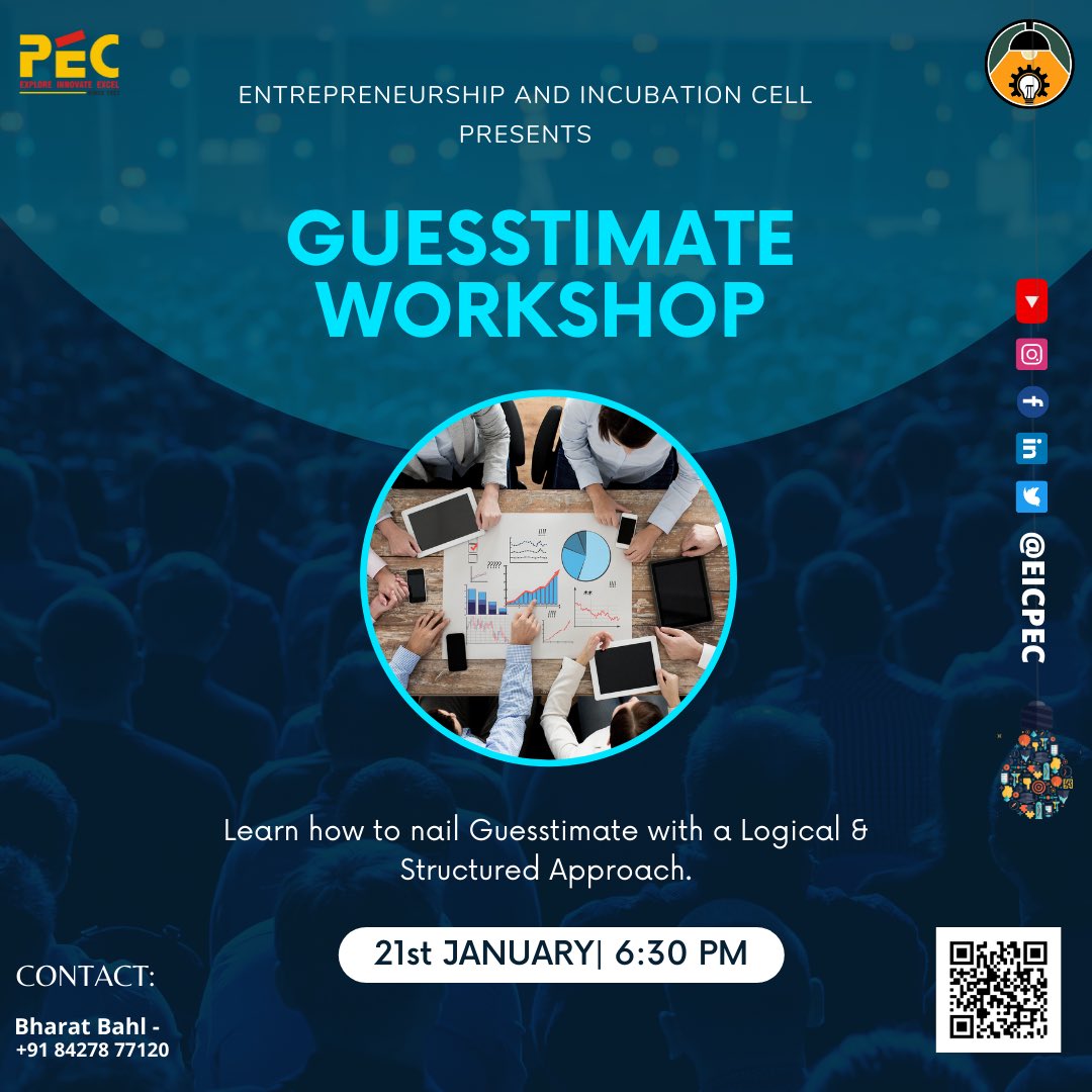 eic_pec's tweet photo. Entrepreneurship and Incubation Cell presents a fun filled workshop which would impart you with the skills to go through Guesstimates with ease like breeze!🤸✨

Do register before 10 am , 21st Jan
Registration link: 

https://t.co/fqpzrRyjky https://t.co/xoxMJbJ8H2