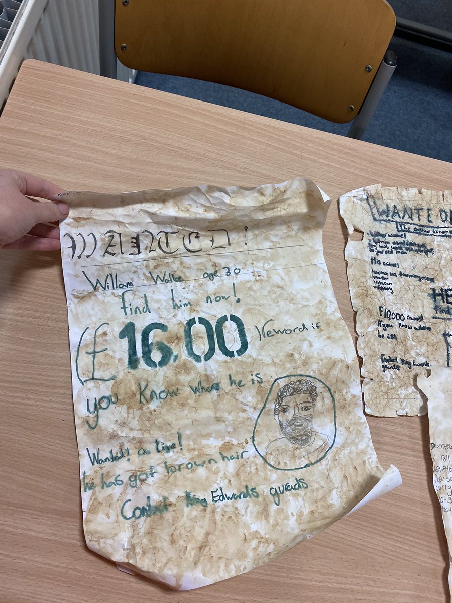 What a fantastic afternoon with 1A5 who were creating wanted posters for William Wallace 🏴󠁧󠁢󠁳󠁣󠁴󠁿 🗡 thanks to <a href="/xMissMillar/">MissMillar</a> who popped in for a bit of team teaching and to help with making our posters look old!