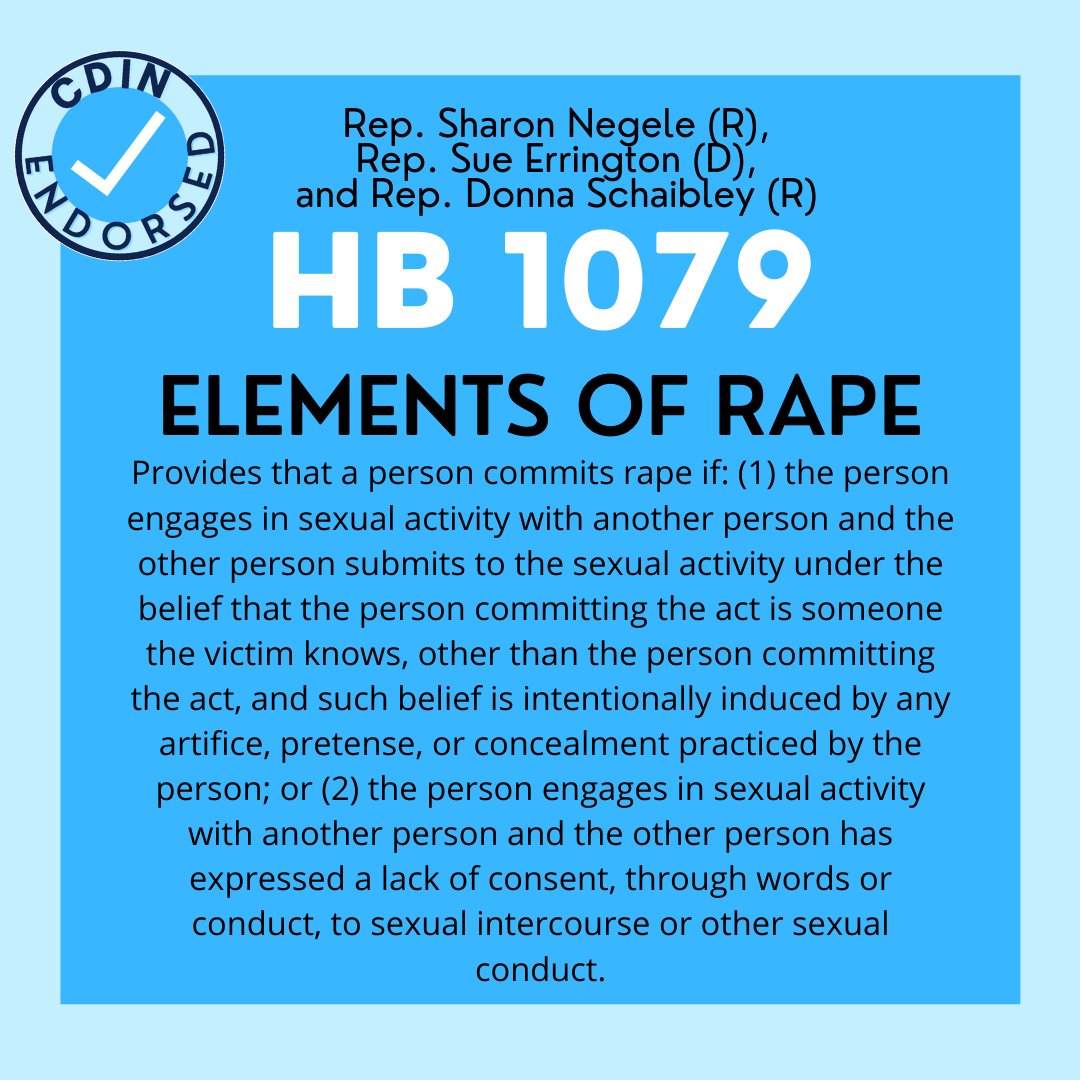 ⚠ Content warning: the following bill is on the topic of rape.

💙 Reps. Sharon Negele, <a href="/SueinMuncie/">Sue Errington</a>, and Donna Schaibley introduced HB 1079, expanding the definition of rape to include pretending to be someone else or where the other person has expressed a lack of consent.