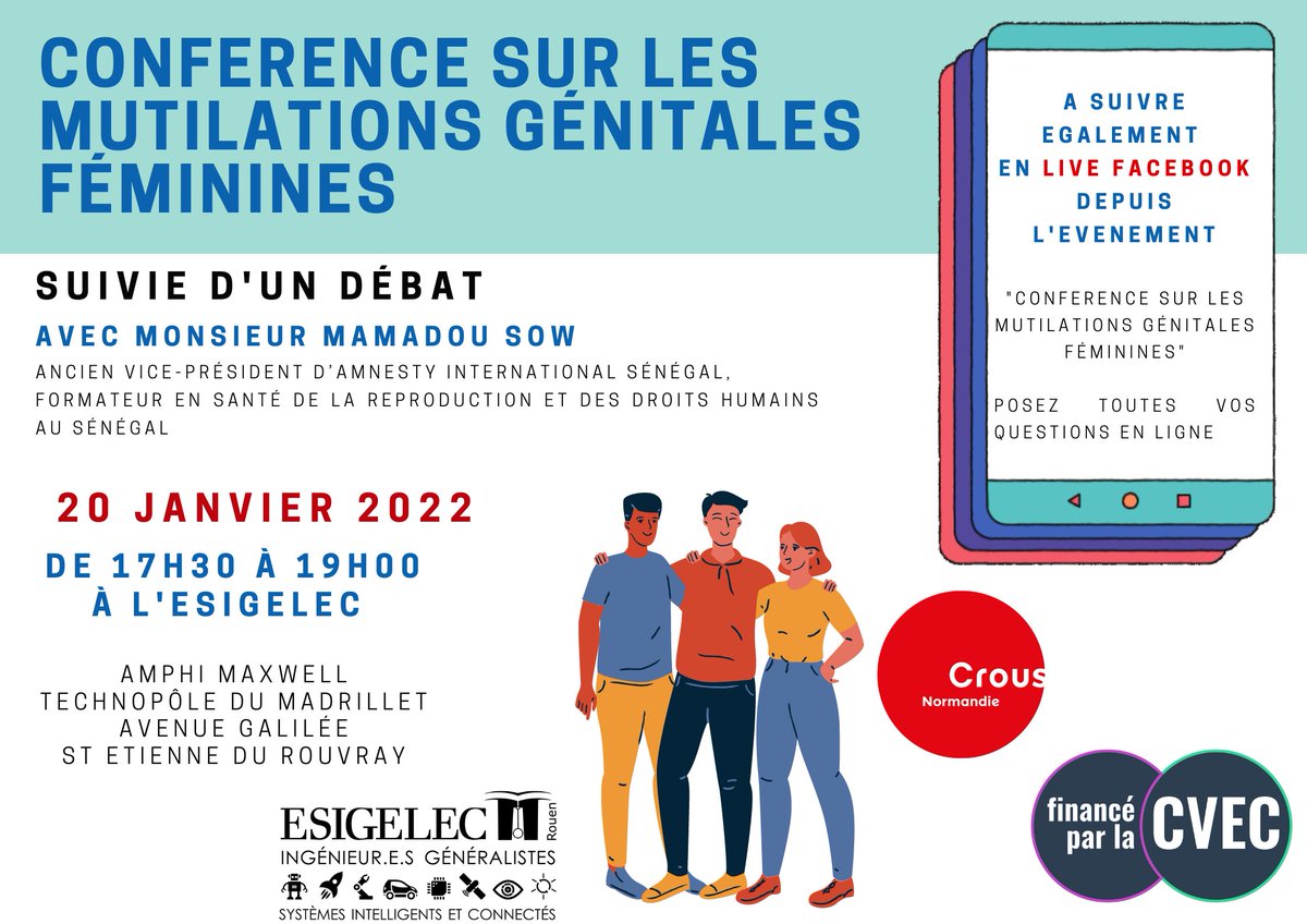 MarieLibGod's tweet photo. Jeudi 20 janvier, à 17h30 à L'ESIGELEC et en Facebook live, aura lieu une conférence sur les mutilations génitales féminines. 
Cet événement, organisé dans le cadre du projet "Protège-toi", sensibilise la communauté étudiante sur la prévention autour de la sexualité. https://t.co/v7zXZ8feFW