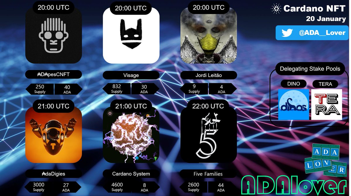 ADA__Lover's tweet photo. 🚨#CNFTdrops
 2⃣0⃣January

1.@ADApesCNFT 

2.@visagecnft

3.@JordiLeitao

4.@adadigies 

5.@CardanoSystem

6.@FiveFamiliesNFT 

#CNFTCommunity #CNFTs #CNFT #CardanoNFT #CardanoCommunity #Cardano #ADA https://t.co/b90v0htNVt