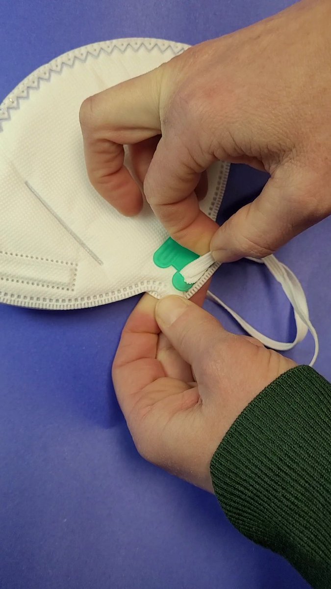 Hot tip for Ontario educators: you can re-fashion the elastic on your N95 into ear loops if the head straps don't work for you. Just remove the elastic from the green clips and reattach it as an ear loop. Snip the excess off with scissors and use it for the other side. #onted