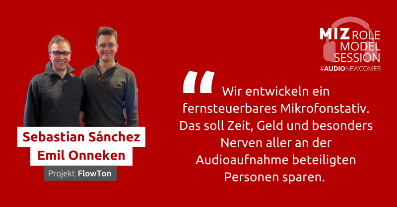 MIZBabelsberg's tweet photo. Das dritte Projekt aus unserem #AudioIdeaSprint ist eine technische Innovation für die Audioproduktion: Sebastian Sánchez & Emil Onneken entwickeln mit FlowTon ein Mikrofonstativ, das sich remote steuern lässt. Bei der #RMSaudio kommende Woche pitchen sie ihr Projekt.