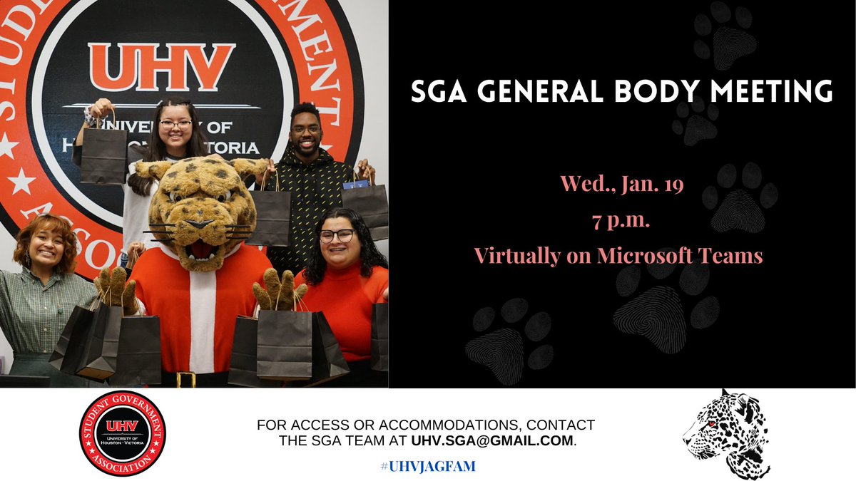 SGAUHV's tweet photo. Hello UHV Jaguars!
SGA will be holding its first General Body Meeting of the semester today at 7:00 p.m. on Microsoft Teams. Updates and encouragement will be given as we tackle this new semester. We hope to see you there! https://t.co/tVnvUY5Enw