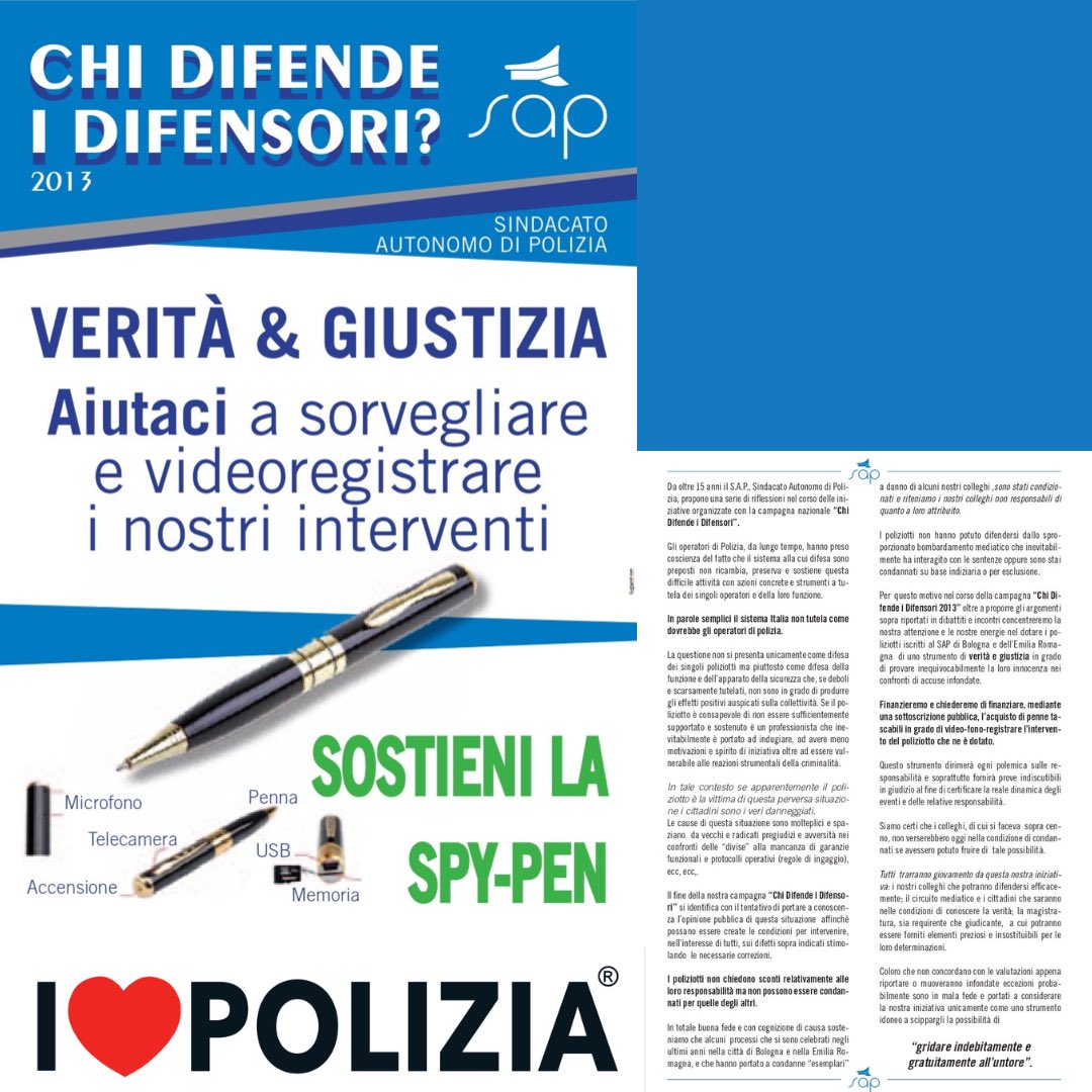 robimazzini's tweet photo. 👮🏾CHI DIFENDE I DIFENSORI?👮🏻‍♂️
SPY PEN - 🖌una campagna storica del SAP che nel 2013 si fece promotore di un passaggio epocale. 
Oggi le BODY-CAM diventano realtà per gli apparteneti alle FF.OO.
I❤️POLIZIA
I💙SAP https://t.co/KLuFdcalLh