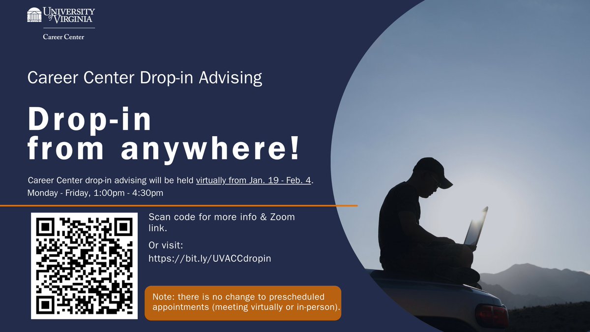 📢Following COVID-19 recommendations, Career Center Drop-in Advising Hours will be held virtually from 01/19/22-02/04/22. We will not be holding in-person drop-in hours at Clemons or at 1515 during this time. Find more information:
bit.ly/UVACCdropin