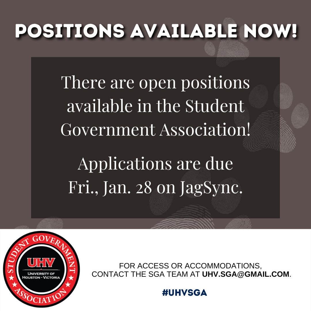 SGAUHV's tweet photo. Do you want to be more involved on campus? If so, feel free to apply to one of the open positions in UHV's Student Government Association! The application will remain open until Friday, January 28. https://t.co/V3Qg8XtUbW