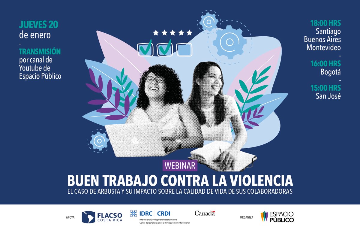 EsPublicoCL's tweet photo. 🙆🏽‍♀️ ¿Cómo el primer empleo sirve para reducir la discriminación y la violencia? MAÑANA revisaremos la experiencia de @arbustaIT, en el marco de nuestro proyecto junto a @FlacsoCR y @IDRC_LAC ¡Acompáñanos!
🗓️ Jueves 20 de enero - 18 hrs. 
📝 Regístrate👉🏼https://t.co/sNlz5OvXr3 https://t.co/TyywF1xDBb