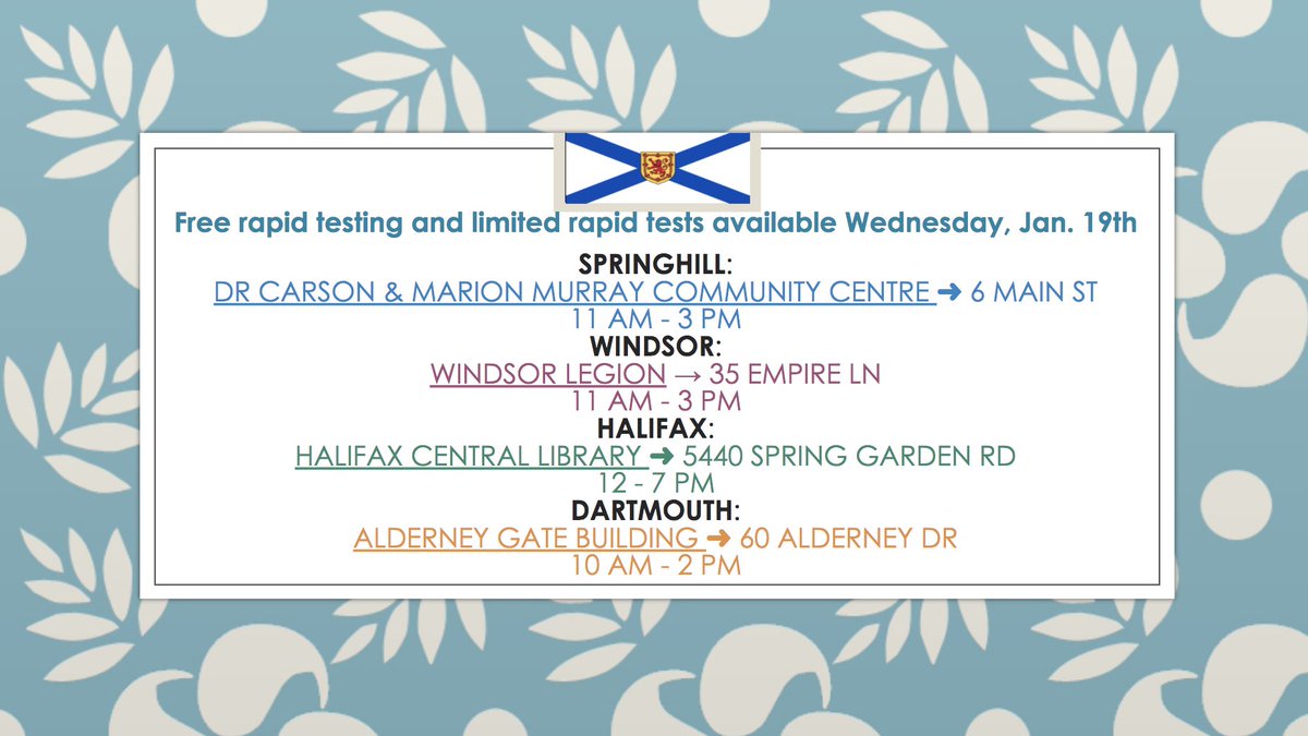 C19TestFinders's tweet photo. Nova Scotia:
🆓 rapid testing and limited rapid tests available Wednesday, Jan. 19th in:
🧪 Springhill
🧪 Windsor
🧪 Halifax
🧪 Dartmouth
Excellent instructional videos using BTNX, PanBio, BD Veritor & more!
➡️ https://t.co/zypBvgEzp9
#ctfNS #testtoprotect #testtraceisolate https://t.co/Jhoj82DVgU