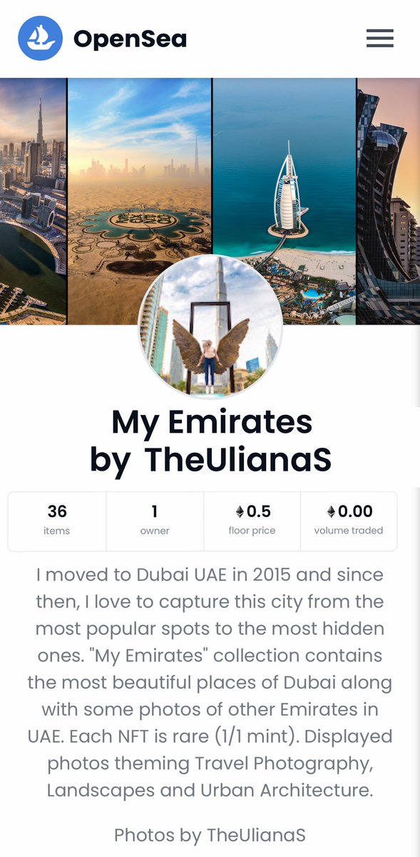 TheUlianaS's tweet photo. Hey guys. I’m excited to announce that I created my own #NFT collections:

1. First collection is the photos of Dubai and other Emirates https://t.co/FgVBqG6u67

2. Second collection is the photos that I made for the past years of traveling https://t.co/Jr1ckSNRac https://t.co/lqoe0aFmeI