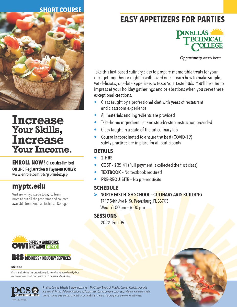 PinellasTech's tweet photo. Interested in adding new recipes to your culinary abilities?
Join our hands-on cooking class where attendees will prepare mouthwatering appetizers that are sure to please! Offered in partnership with the Northeast HS Culinary Arts program.
#PTCculinary #OpportunityStartsHere https://t.co/sLSWoqu89G