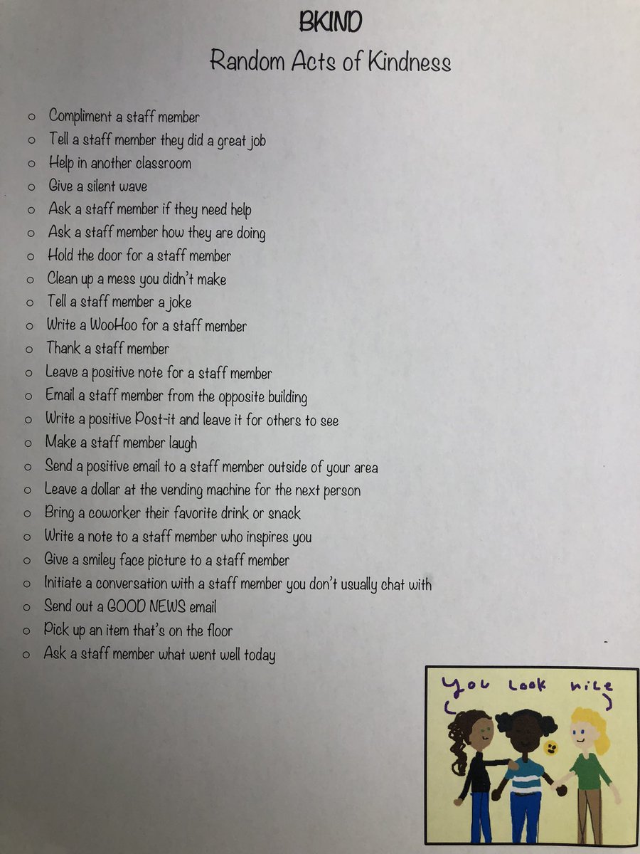 Bender12S's tweet photo. The ILP MTSSB committee is focusing on staff wellness this month with our BKIND boards. Check out the board below with the random acts of kindness as a reminder to staff to #bekind! Staff initial the board when they’ve completed an act of kindness! #OPSproud https://t.co/OE4q8BcRfA