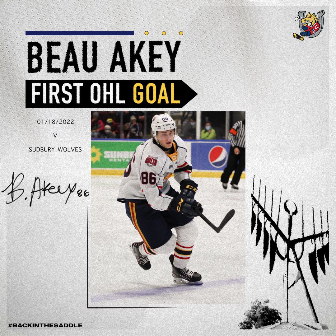 The Barrie Colts would like to congratulate <a href="/beauakey/">beau</a> on scoring his first career <a href="/OHLHockey/">Ontario Hockey League</a> goal last night vs Sudbury! 

With goals like that, we will be seeing many more from where that came from!

#BackInTheSaddle