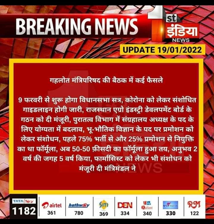 गहलोत मंत्रिपरिषद की बैठक में कई फैसले 

9 फरवरी से शुरू होगा विधानसभा सत्र
कोरोना को लेकर संशोधित गाइडलाइन होगी जारी

#फार्मासिस्ट_भर्ती_को_लेकर_संशोधन_को_मंजूरी 

#Jaipur <a href="/ashokgehlot51/">Ashok Gehlot</a> <a href="/RajCMO/">CMO Rajasthan</a> <a href="/plmeenaINC/">Parsadi Lal Meena</a> <a href="/TheUpenYadav/">Upen Yadav (मोदी का परिवार)</a>

हमारी एकमात्र माँग 🙏🏼
#फार्मासिस्ट_भर्ती_परीक्षा_द्वारा