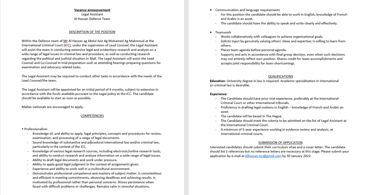 SarahMarinierD's tweet image. The Al Hassan Defence team at the ICC is looking for a Legal Assistant! Please do not hesitate to share!

L'Équipe de Défense de Mr Al Hassan à la CPI cherche à combler un poste pour un(e) assistant(e) légal(e). N'hésitez pas à partager! 
linkedin.com/posts/sarah-ma…