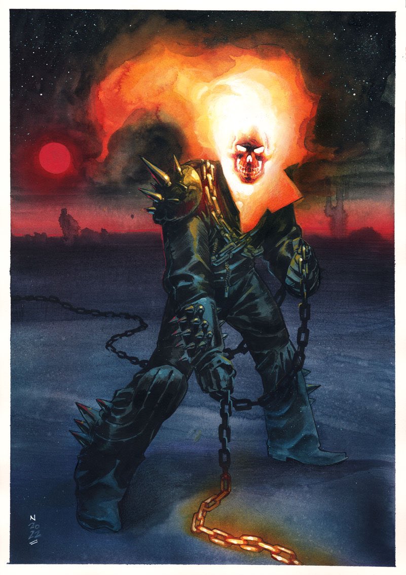 NicKlein's tweet photo. GHOST RIDER color Commission. Mixed media on A3 Arches paper. https://t.co/eQP28HBcJg