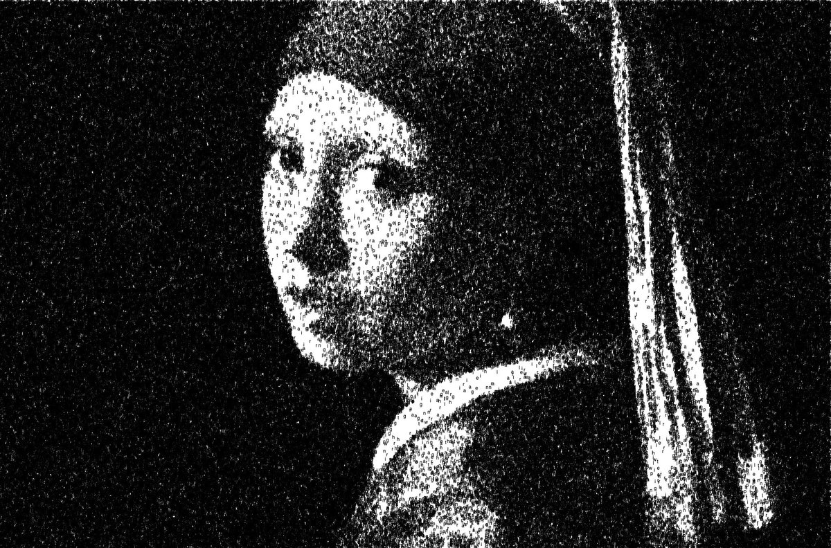 ktbacher's tweet photo. Day 19 - use text/typography: “Girl with a Pearl Earring” made out of letters sampled from the title
#genuary2022 #genuary #creativecoding https://t.co/gBtLsNwEG0