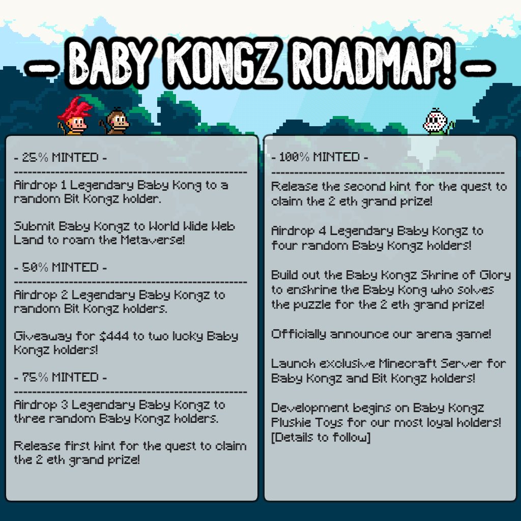 BabyKongzNFT's tweet image. Hey Kongz,

Our Roadmap is Live

The hints for the 2 ETH awaits!

Join our Discord ⬇️ 

discord.gg/zjcwenvx4G