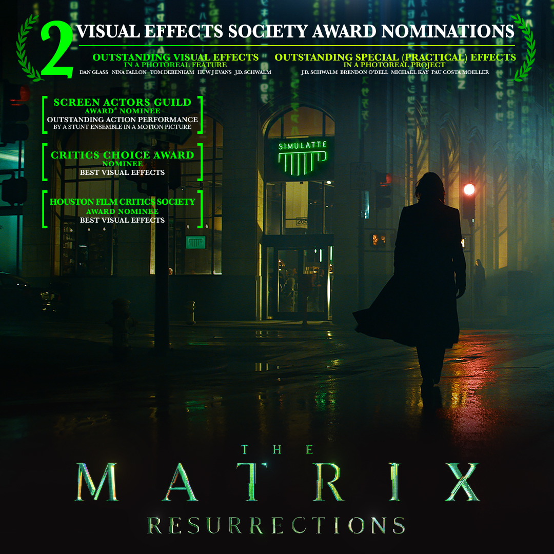 The Matrix Resurrections (@thematrixmovie) on Twitter photo A big round of applause goes out to the visual effects team of #TheMatrixMovie! Their outstanding work has earned 2 nominations for this year’s <a href="/VFXSociety/">VisualEffectsSociety</a> Awards. A big round of applause goes out to the visual effects team of #TheMatrixMovie! Their outstanding work has earned 2 nominations for this year’s <a href="/VFXSociety/">VisualEffectsSociety</a> Awards.