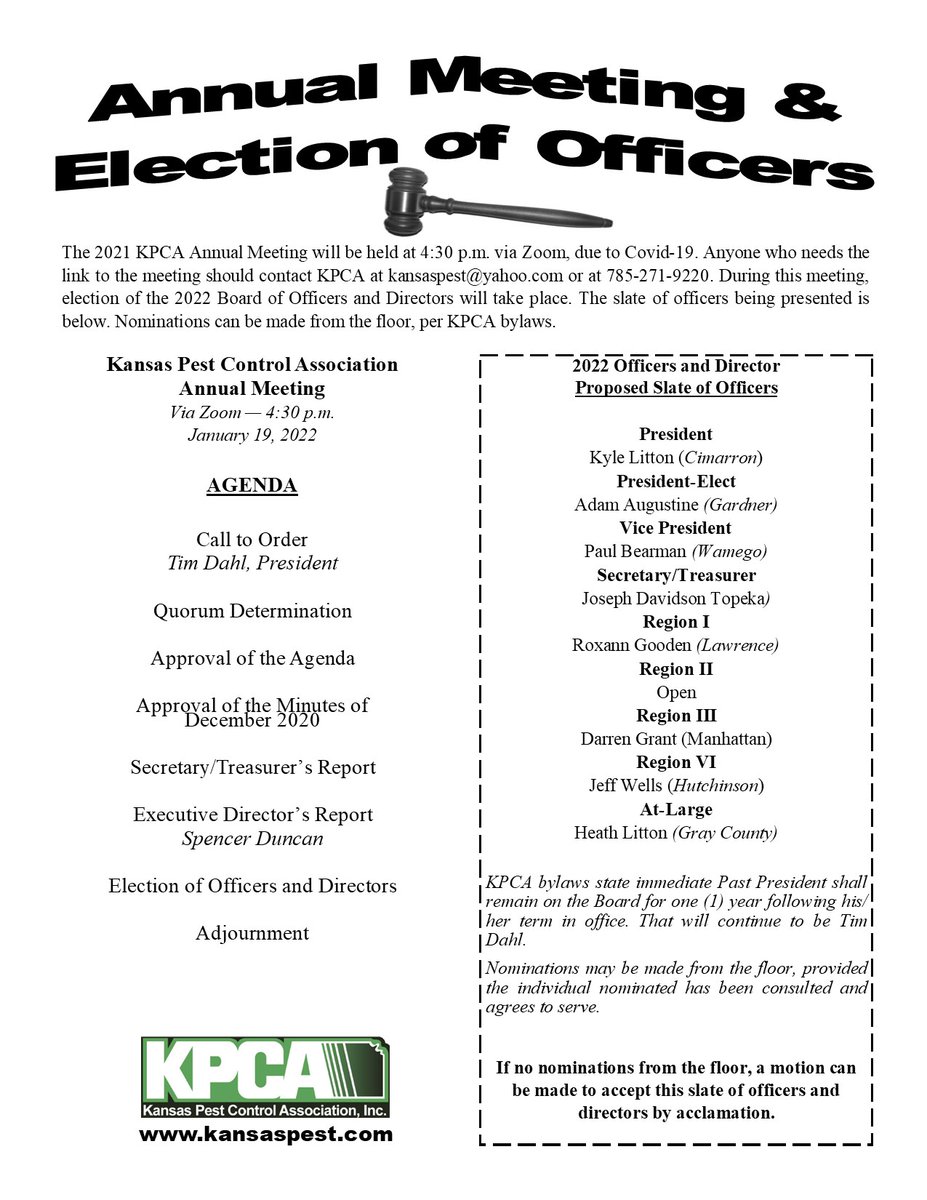 KSPestControl's tweet image. REMINDER!

KPCA Annual Meeting is today, at 4:30 p.m. vial Zoom

You can see the information at kpca.wildapricot.org/page-18084

If you are a member and have not received the Zoom link, contact us at kansaspest@yahoo.com or 785-271-9220

#kansas #pestcontrol #pestmanagement