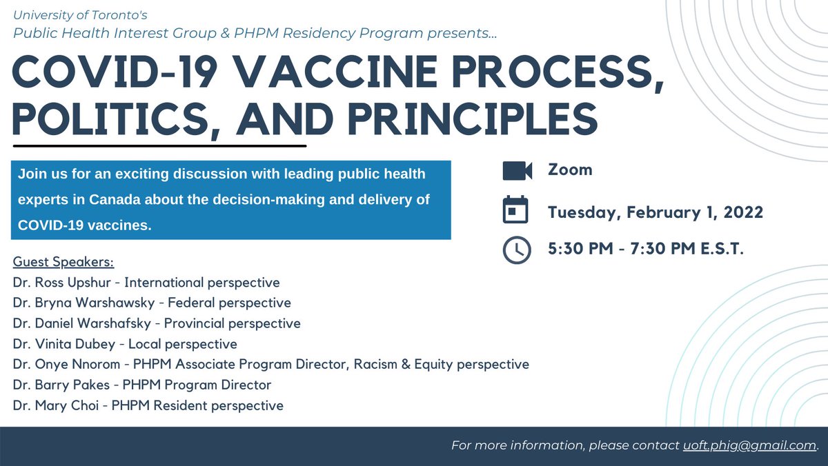 Come join us on Feb 1 for an exciting Zoom fireside chat with the PHPM residency program, the U of T Public Health Interest Group and several renowned public health experts.  For login details, please officially RSVP to forms.gle/9APiEL93kgBMRS…