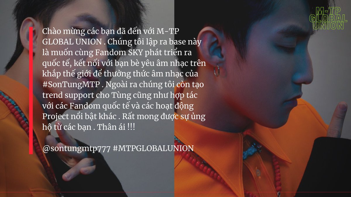 MTPGlobalUnion's tweet photo. Hi guys!

We are M-TP GLOBAL UNION (@MTPGlobalUnion). This’s a new account to support Son Tung M-TP and connect with SKY all over the world,we also create a trend to support Tung as well as cooperate with international fandoms.
Hope you’ll support us!

@sontungmtp777 #SonTungMTP https://t.co/dwgjqP3VSa