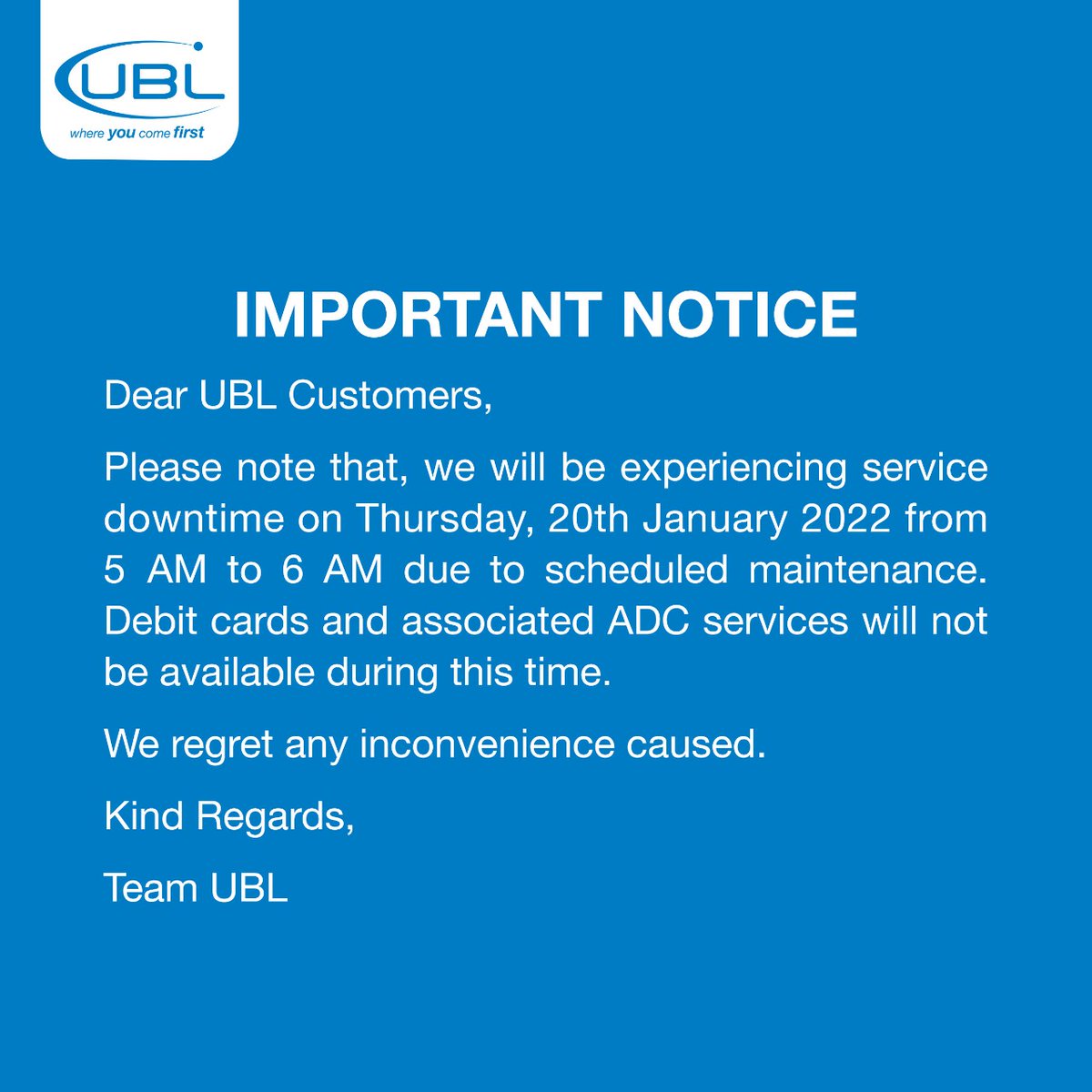 UBLDigital's tweet photo. Important Notice:
Debit cards and associated ADC services downtime
#UBL #UBLDebitCard #ADCservices https://t.co/HyuRA2UCtE