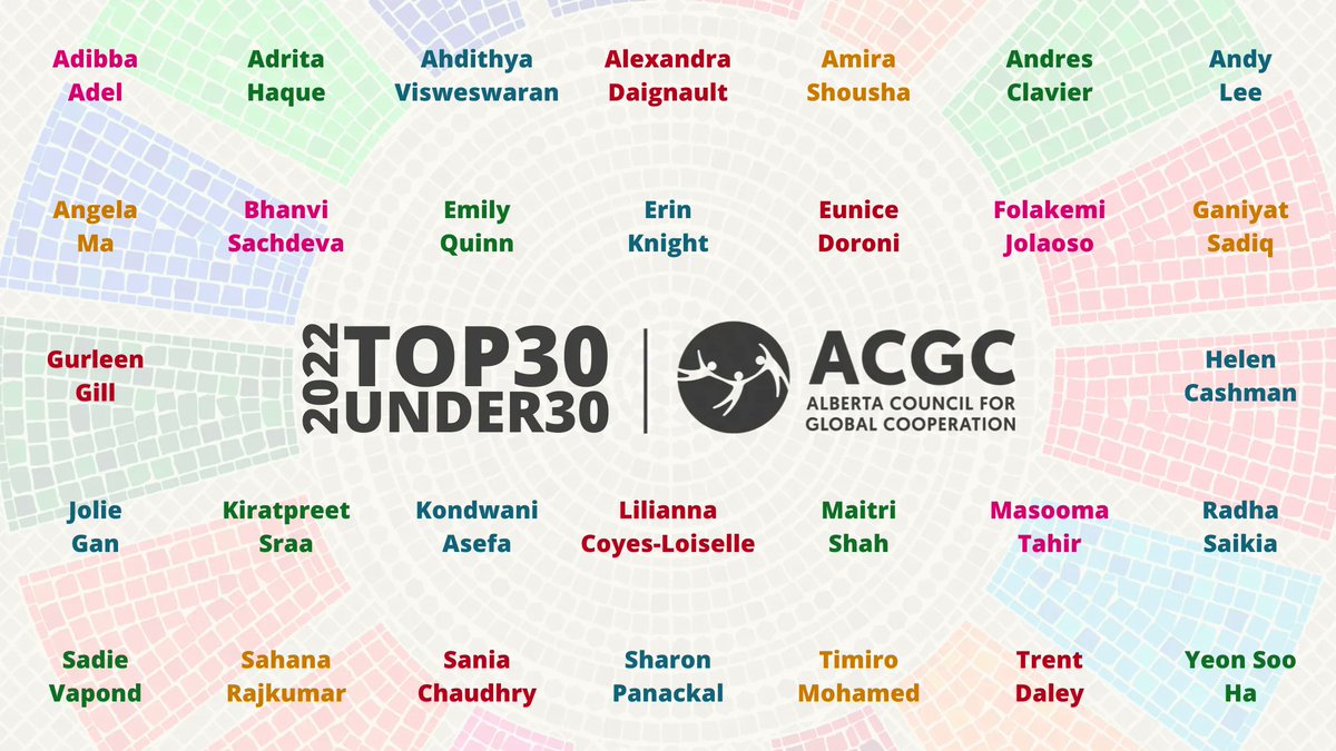 Here are ACGC's 2022 Top 30 Under 30! These 30 individuals are outstanding young people working to make Alberta and the world a more just, fair, and sustainable place for all.

Follow us on social media visit top30under30.acgc.ca for more!

#2022Top30 #ACGCTop30 #IDW2022 #SDGs
