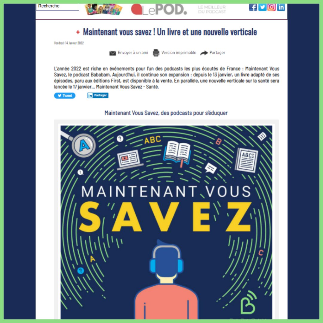Depuis plus d'une semaine, <a href="/mntvoussavez/">Maintenant Vous Savez</a> c'est un livre et une nouvelle verticale avec Maintenant Vous Savez - Santé. Merci à @Lepod_fr de mettre en avant l'expansion de Maintenant Vous Savez 🗞️ L'article ici 👉 bit.ly/3qFRtFY
#podcast #livres