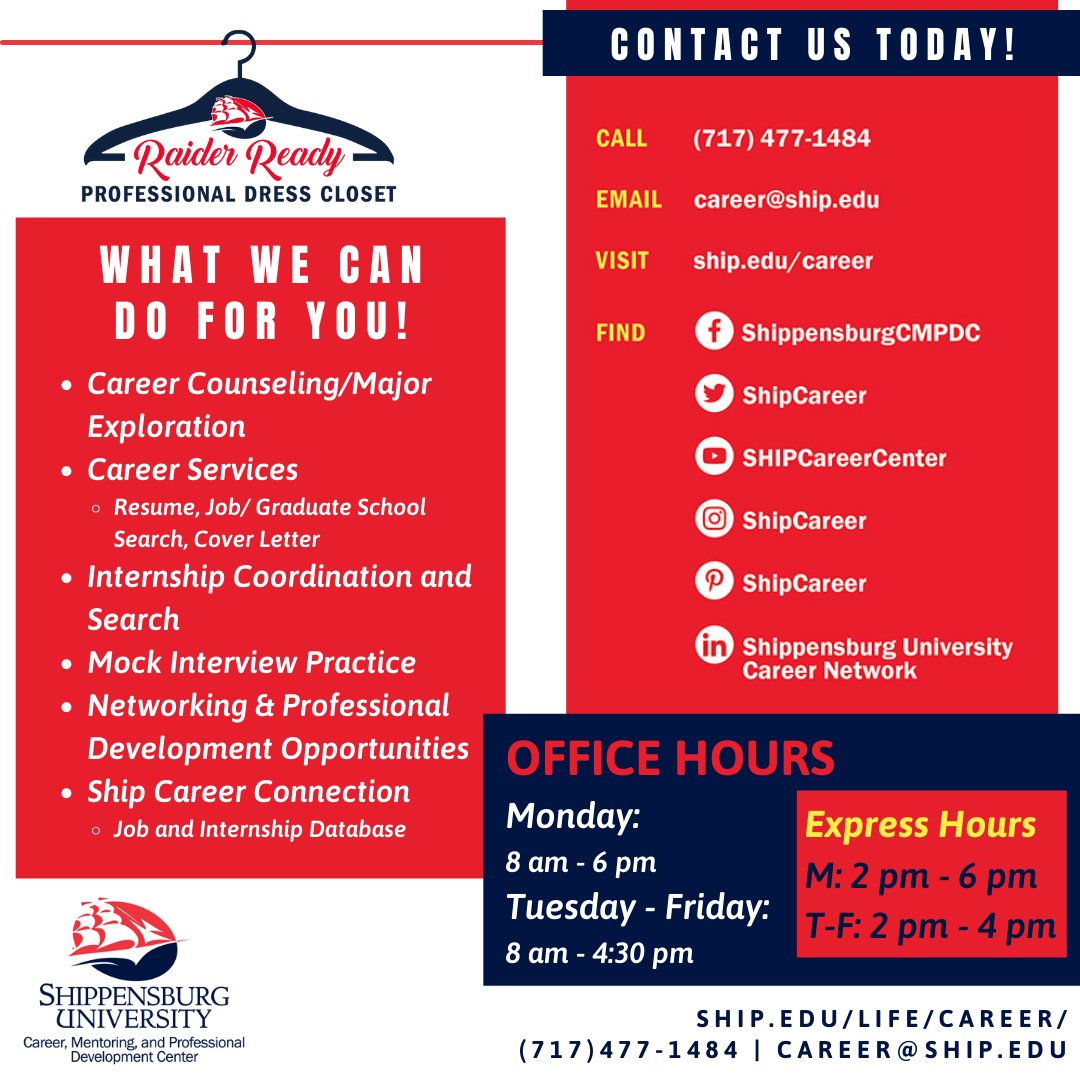 Happy first week of classes! We are excited to get back to work with all of our students here in the CMPDC. Make sure to check out all the services we offer and our office hours here in CUB 108! #RaiderSetGo