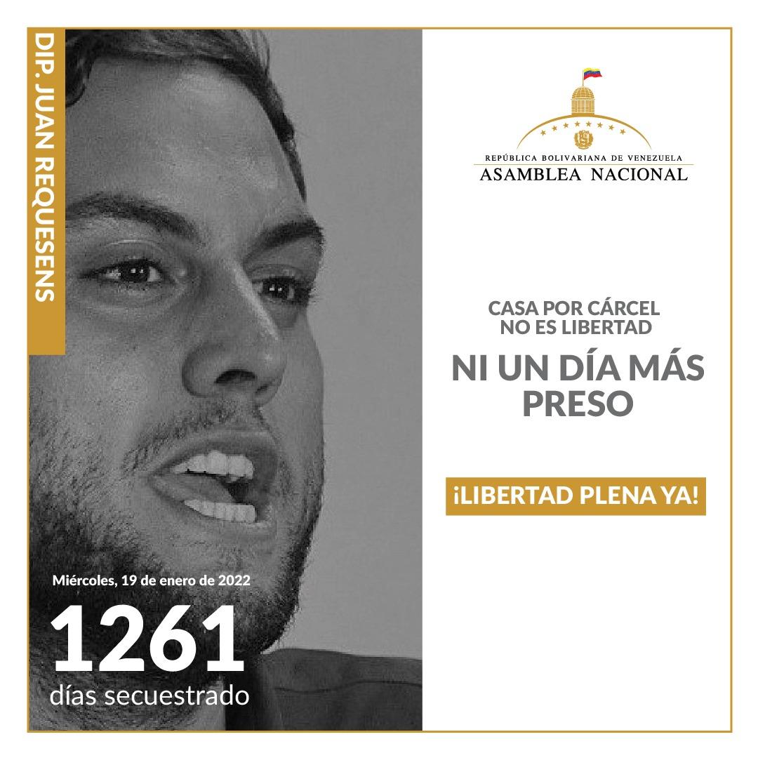AsambleaVE's tweet photo. Casa por cárcel no es libertad, el Dip. @JuanRequesens cumple 1261 días secuestrado injustamente.

Así como Juan, TODOS los presos políticos deben ser liberados inmediatamente.

¡Libertad plena YA! https://t.co/BT07GiJr5Z
