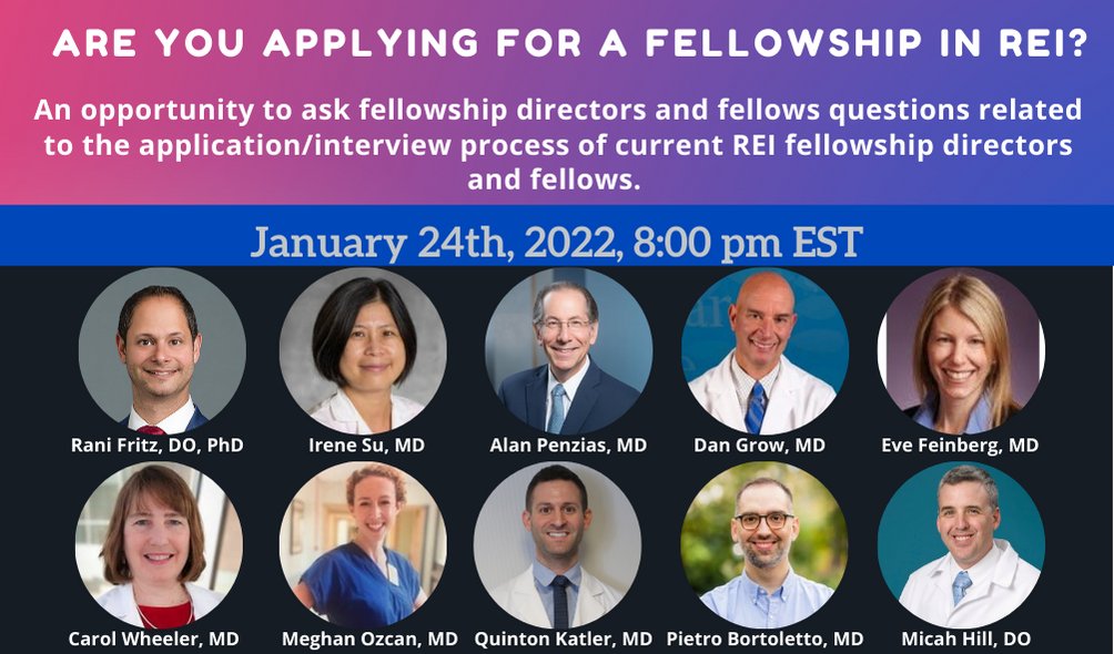 ASRM_org's tweet photo. INTERESTED IN REI FELLOWSHIP?
Register for the webinar - REI fellowship application process- a virtual evening with REI fellowship directors and fellows @AlanPenzias @MeghanOzcan  @BortolettoMD  @drevefeinberg   #medtwitter #meded #reifellow 
 
https://t.co/iZ94huSLHH https://t.co/3aoKqwnsGq