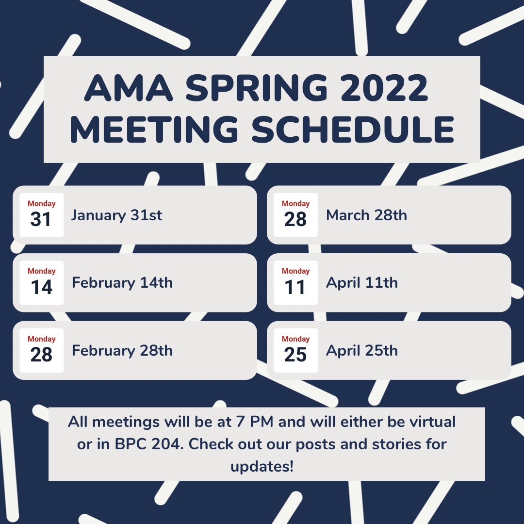 wcu_ama's tweet photo. Here is our meeting schedule for the spring ‘22 semester! Our meetings will be every other Monday at 7 PM and will either be virtual or in-person in BPC 204. Be sure to check our posts and stories for updates regarding how we will be meeting. We can’t wait to see everyone soon 😊 https://t.co/12pN1MtMvv