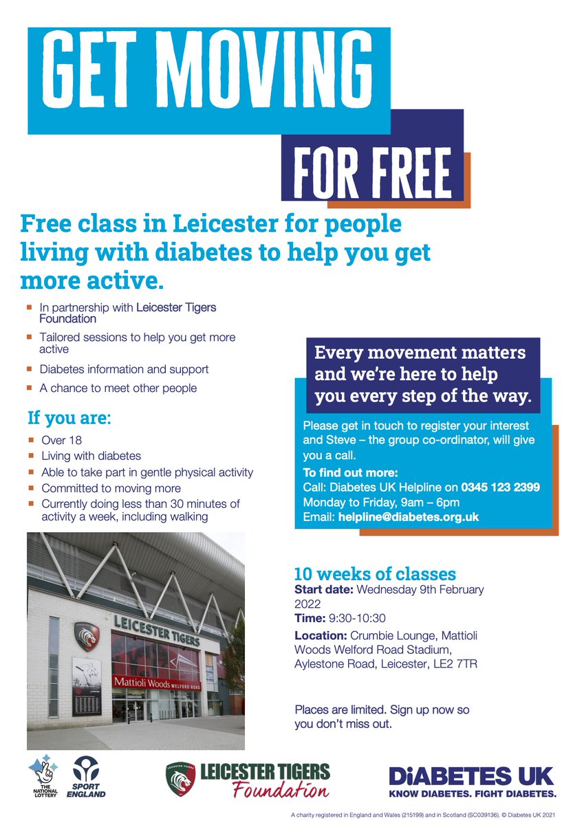 .<a href="/DiabetesUK/">Diabetes UK</a> are running a free class in Leicester for people living with diabetes 🤗

If you are over 18 and living with diabetes, you can take part beginning 9 February at Mattioli Woods Welford Road Stadium 👇