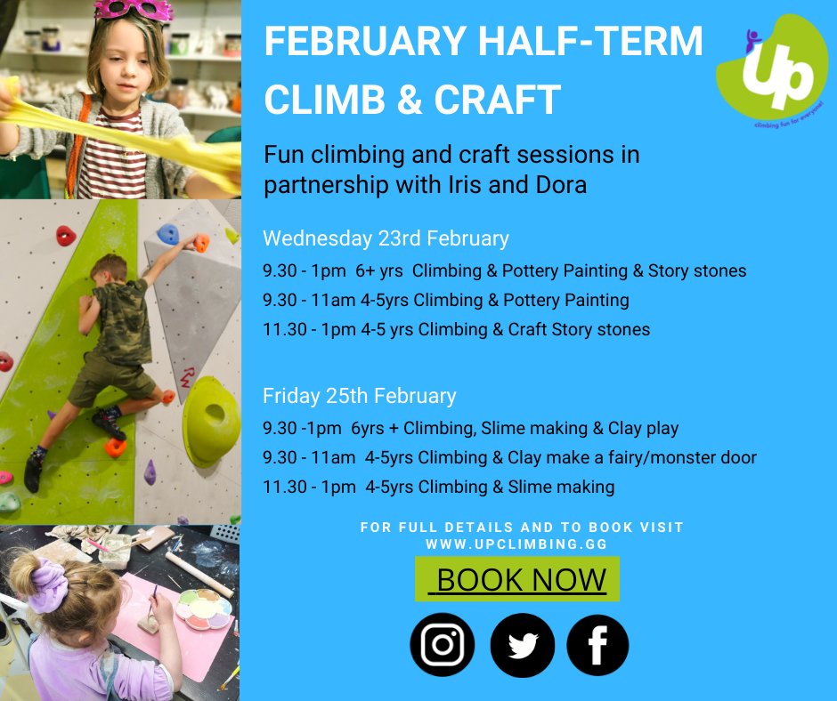 February Half-term climbing and craft sessions at Up Climbing. Now available to book online, held in partnership with Iris and Dora these session are filled with fun activities. Visit upclimbing.gg to find out more or book now ow.ly/kFoa50Hy6gu