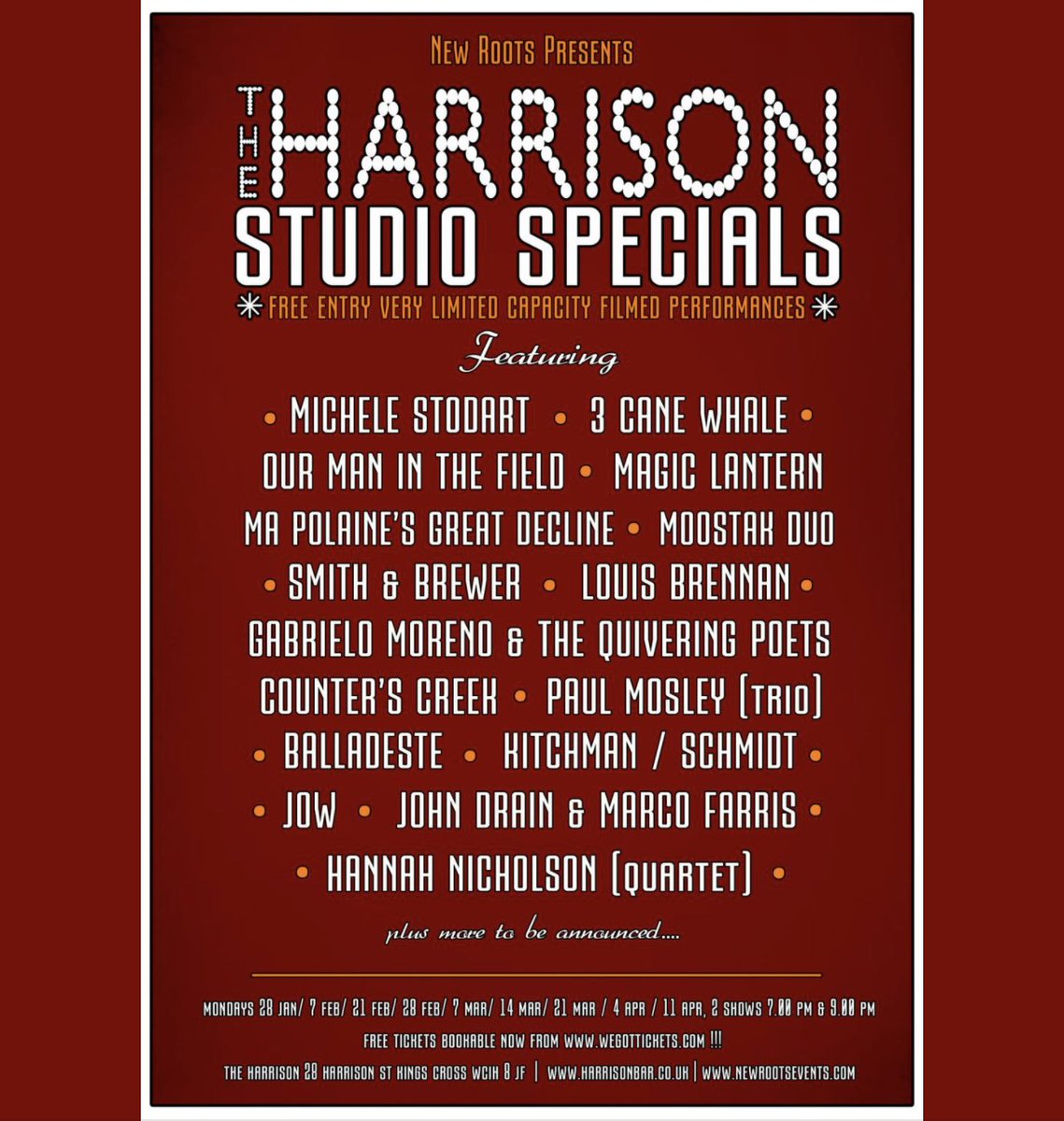 New Roots (@newrootsevents) on Twitter photo Would you like to be on the mailing list for early-bird options on free tickets to these shows? PM us your email address if so.
New Roots presents <a href="/TheHarrisonFolk/">The Harrison Pub</a> Studio Specials, a series of intimate filmed shows, all FREE to book, and all ltd to just 20 tickets per show only. Would you like to be on the mailing list for early-bird options on free tickets to these shows? PM us your email address if so.
New Roots presents <a href="/TheHarrisonFolk/">The Harrison Pub</a> Studio Specials, a series of intimate filmed shows, all FREE to book, and all ltd to just 20 tickets per show only.