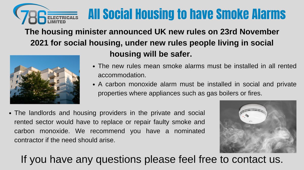 The housing minister announced UK new rules on 23rd November 2021 for social housing, under new rules people living in social housing will be safer. 

#Electricals #Electricians #leicester #Leicestershire #Fire alarm #Carbon monoxide #Social housing #new rules