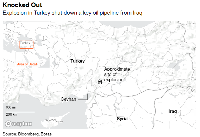 Mapa con el lugar exacto donde se ha producido la explosión del oleoducto propiedad de Botas, una compañía estatal turca.