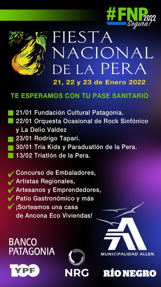 RMConfluencia's tweet photo. La @MuniAllen  te invita a participar de la @fFNPALLEN que se realizará del 21 al 23 de enero.
Desde la RMC compartimos la grilla de programación y de actividades para disfrutar en familia: https://t.co/M68UVXCtFy