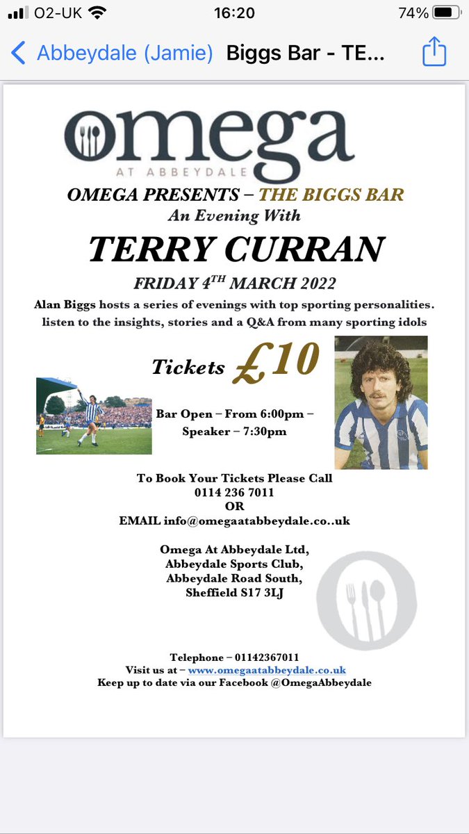One of the very best story-tellers in the business - &amp; he assures me they’re all true! Going back to ⁦<a href="/OmegaAbbeydale/">Omega at Abbeydale</a>⁩ for more of these … ⁦<a href="/terrycurran_11/">Theres only one Terry Curran (with a retro twist)</a>⁩ for starters. #SWFC (&amp; with a stage whisper, once of #SUFC also). Tickets just a tenner. Available here.