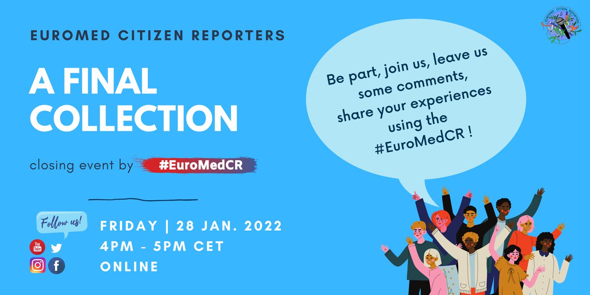 Join our #EuroMedCR closing event on facebook ➡️fb.me/e/14XWZ1H3o - 𝗮 𝗳𝗶𝗻𝗮𝗹 𝗰𝗼𝗹𝗹𝗲𝗰𝘁𝗶𝗼𝗻 of our most inspiring stories on 𝗙𝗿𝗶𝗱𝗮𝘆, 𝟮𝟴 𝗝𝗮𝗻. 𝟮𝟬𝟮𝟮, 𝗳𝗿𝗼𝗺 𝟰𝗣𝗠 𝘁𝗼 𝟱𝗣𝗠 𝗖𝗘𝗧 !
Thanks for #WeAreStillHere and giving #HopeInTheTimeOfCorona !!