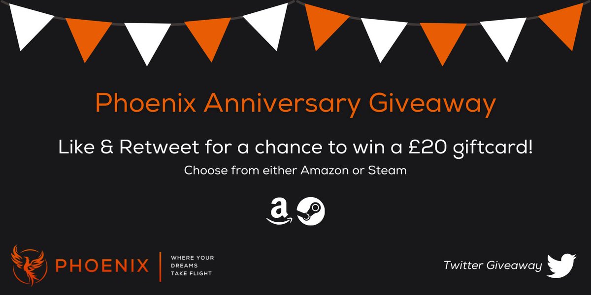 PhoenixVTC's tweet image. Phoenix is turning one! 🎉

To celebrate we are hosting two special giveaways, one here on Twitter and one on Discord (feel free to enter both!) 

To enter, and be in with the chance of winning a £20 gift card (choose from Amazon or Steam) simply like and retweet this tweet.