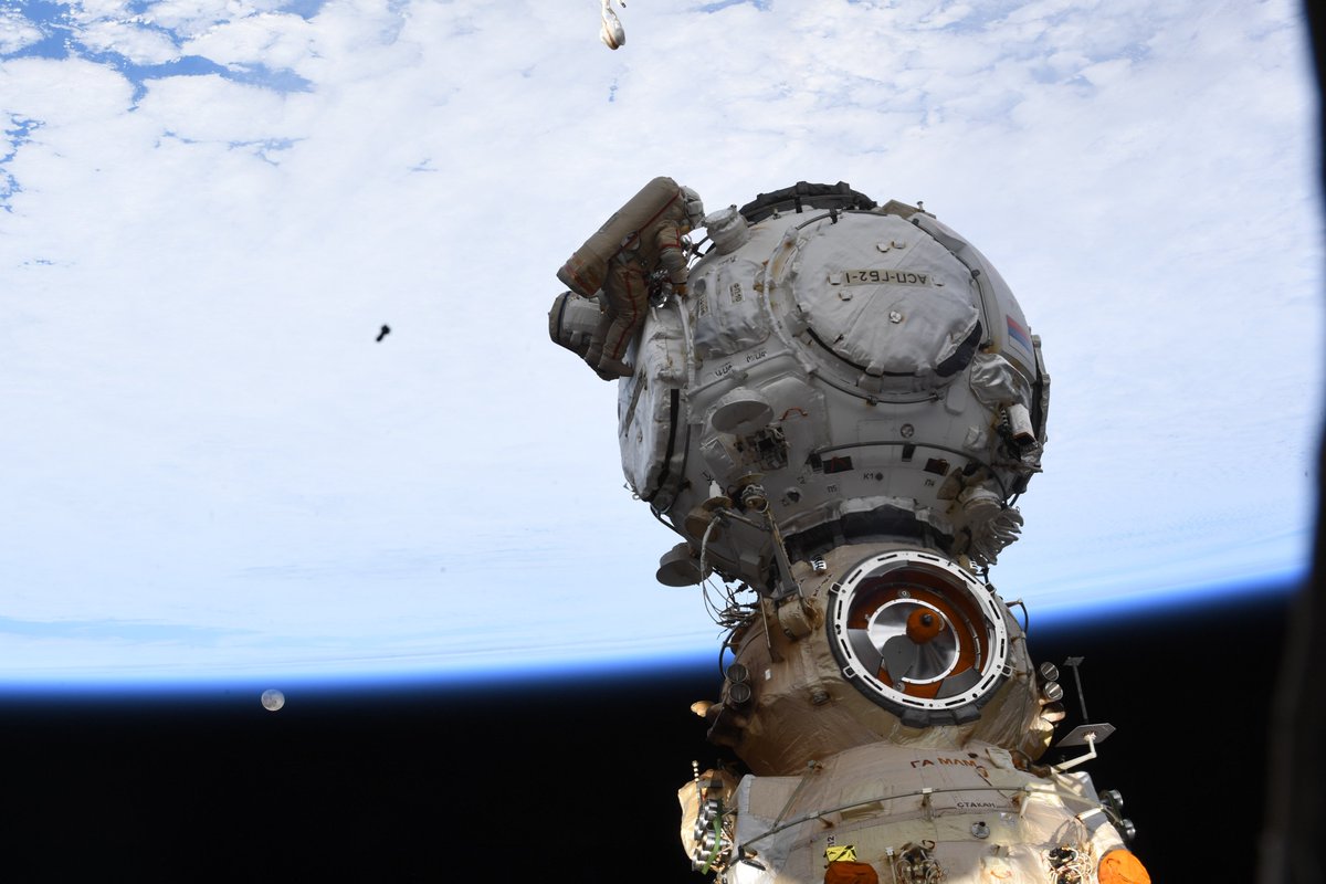 Astro_Sabot's tweet photo. Russian EVA is in progress as I’m typing this. Super proud to be able to help Petr and Anton get suited up this morning! https://t.co/bNMPqKzlO3